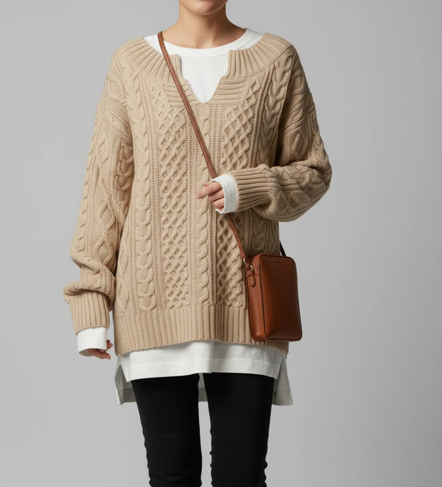 Luvrefashion | V Neck Cable Knit Sweater for Oversized Fit in White - image 16
