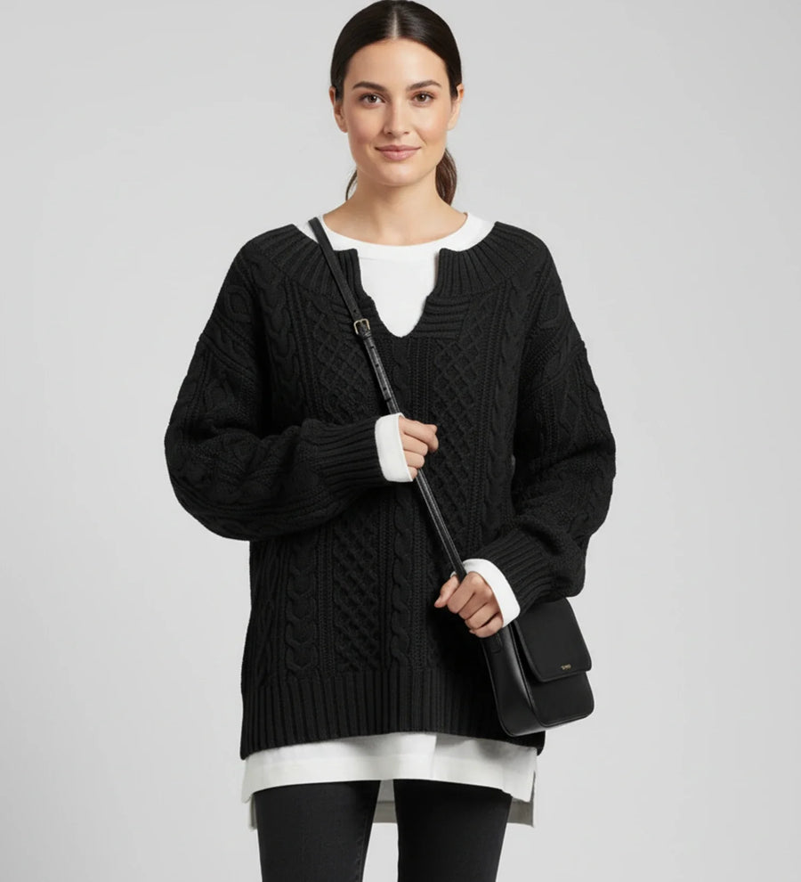 Luvrefashion | V Neck Cable Knit Sweater for Oversized Fit in White - image 7