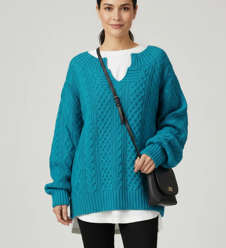 Luvrefashion | V Neck Cable Knit Sweater for Oversized Fit in White - image 12