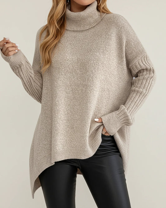 Ladies' Cozy Turtleneck Sweater for Winter in Khaki - front view