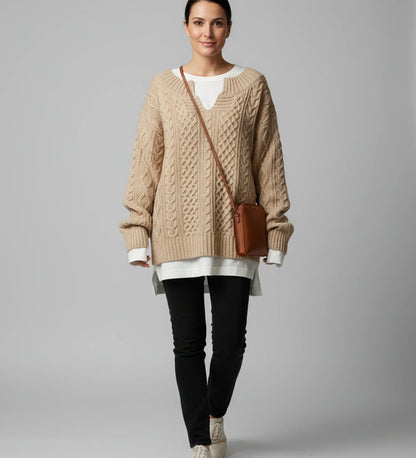 V Neck Cable Knit Sweater for Oversized Fit in White - image 17