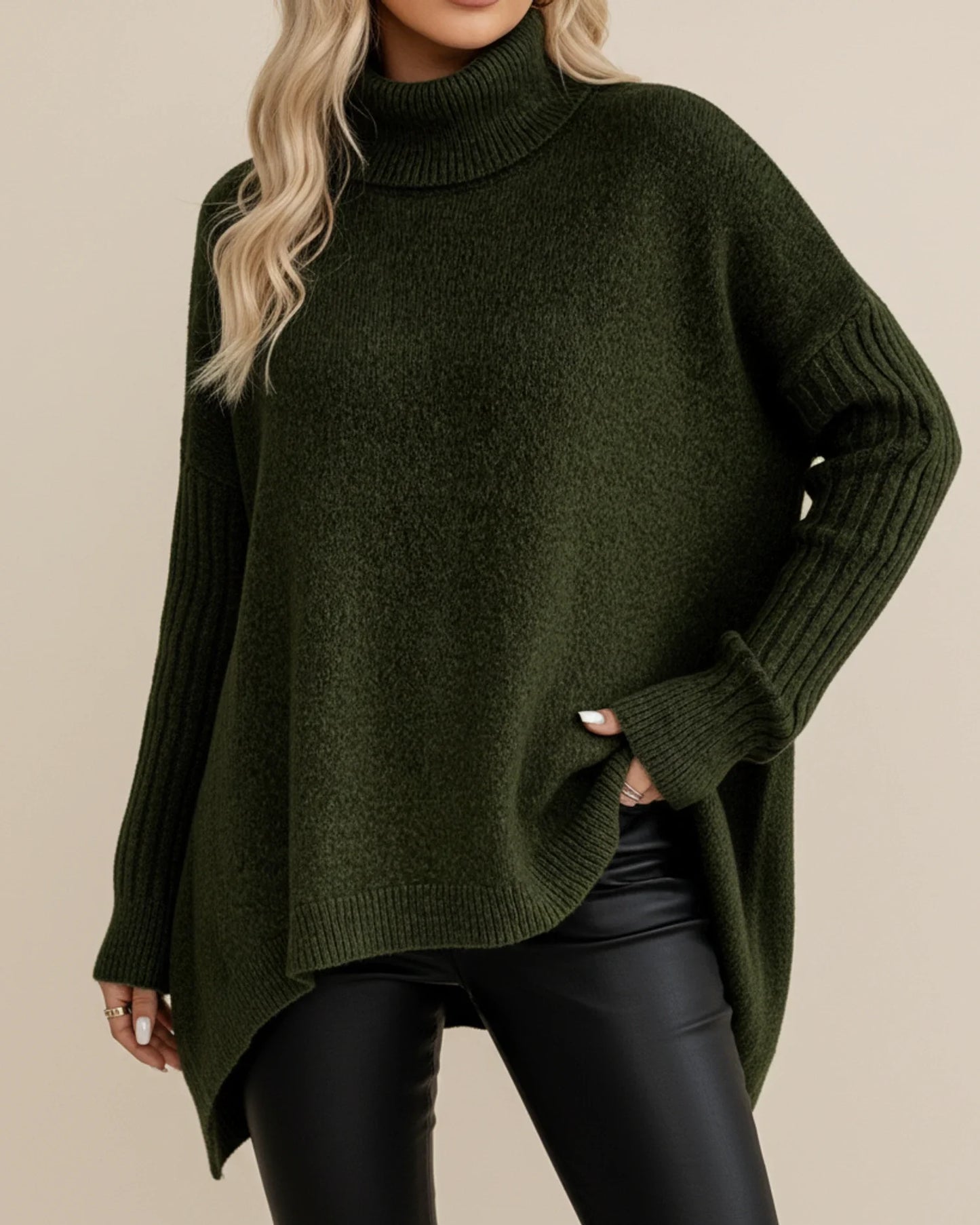 Luvrefashion | Ladies' Cozy Turtleneck Sweater for Winter in Khaki - detail view