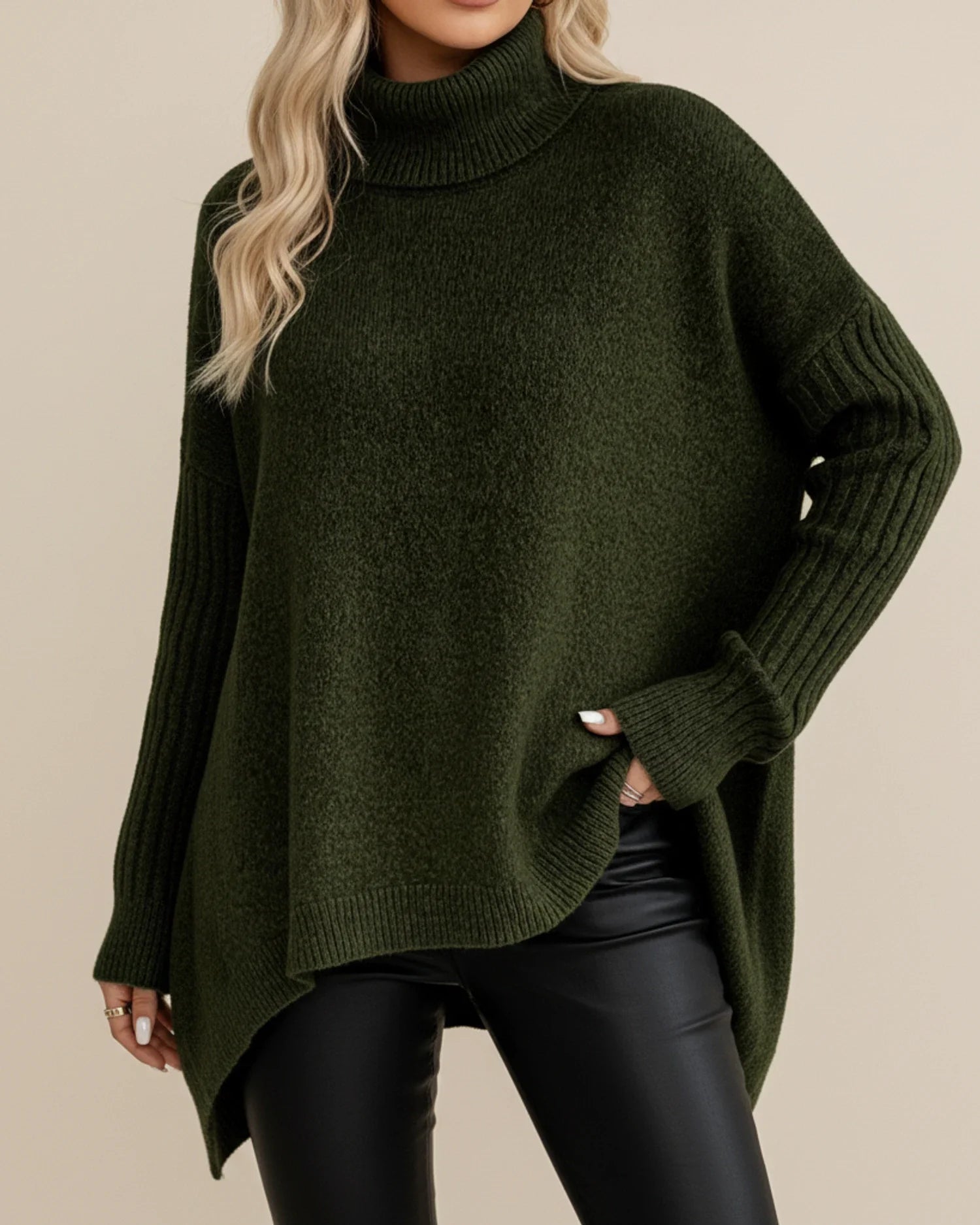 Luvrefashion | Ladies' Cozy Turtleneck Sweater for Winter in Khaki - detail view