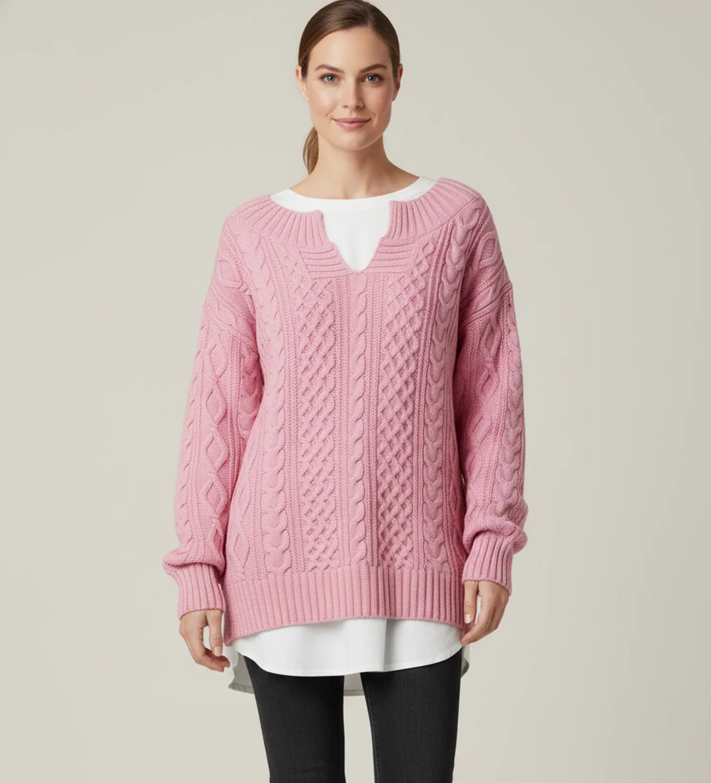 V Neck Cable Knit Sweater for Oversized Fit in White - styled look