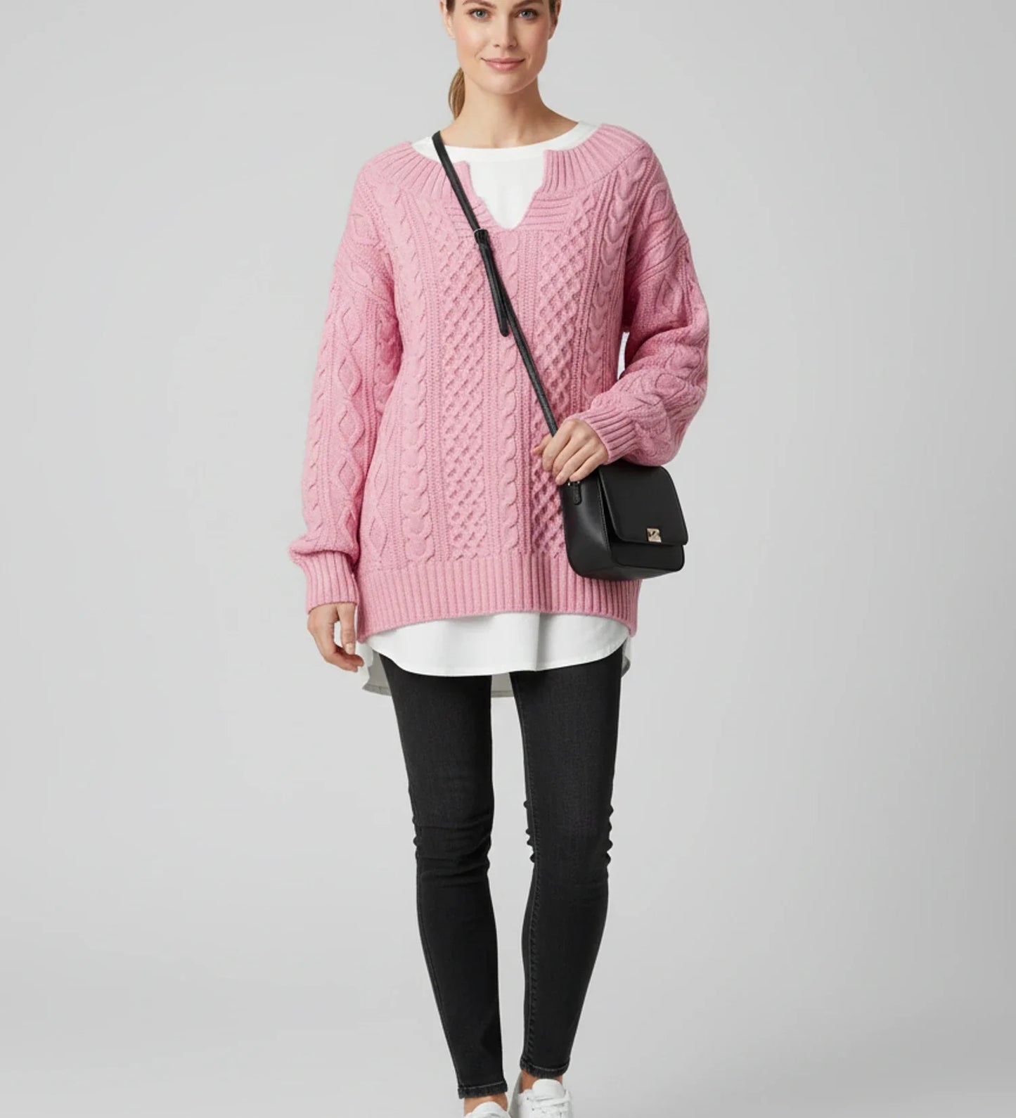 V Neck Cable Knit Sweater for Oversized Fit in White - image 6