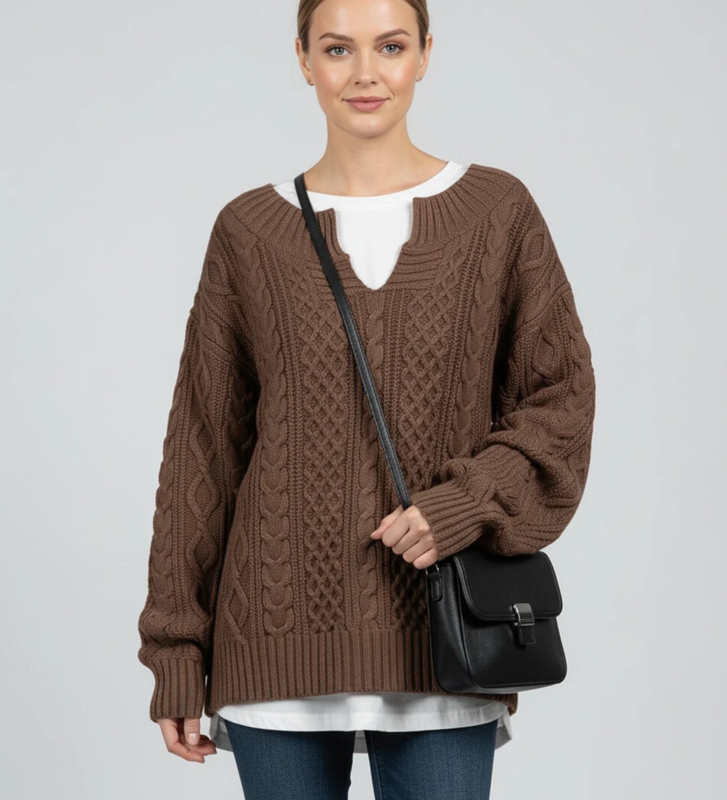 V Neck Cable Knit Sweater for Oversized Fit in White - back view