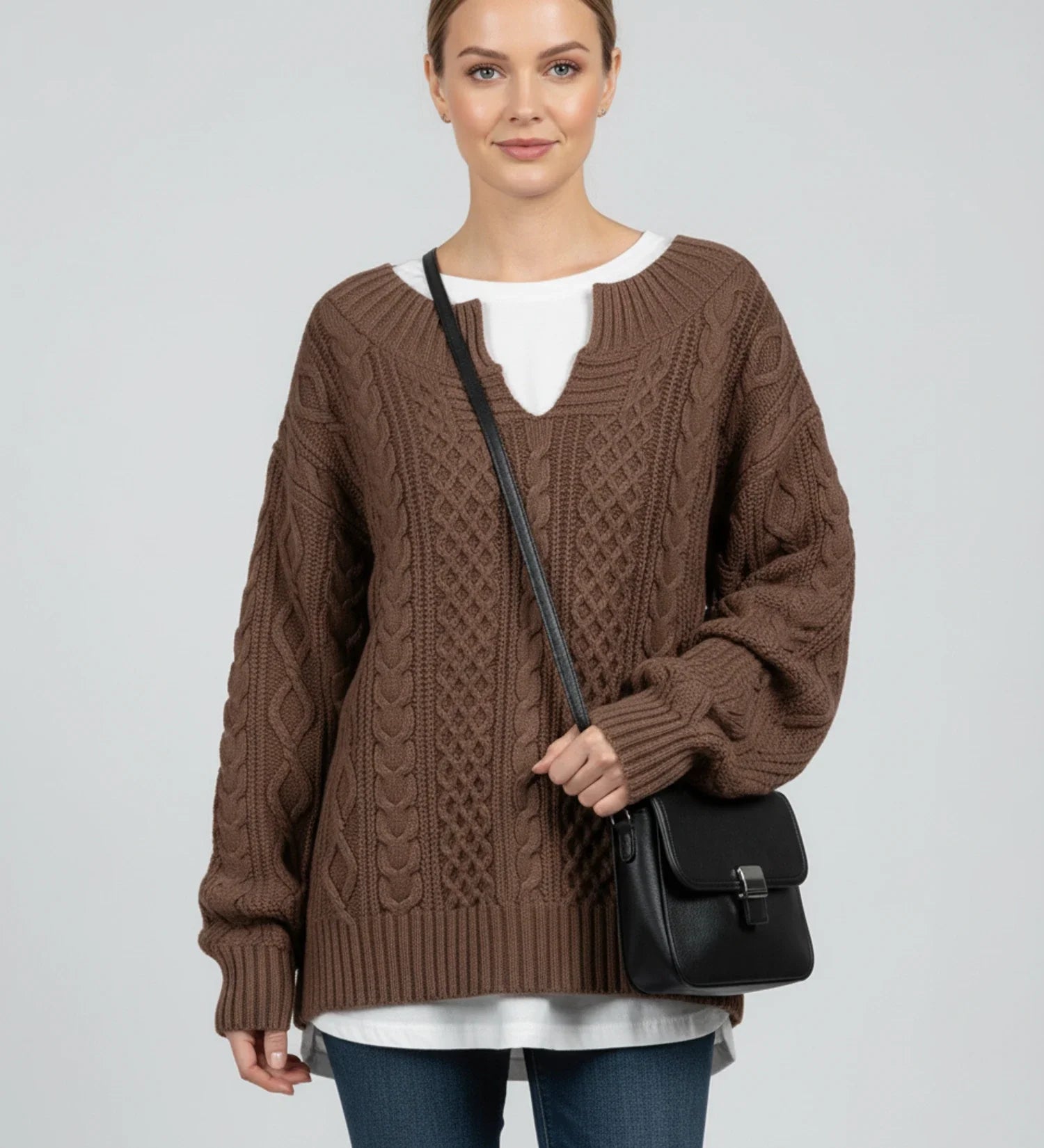Luvrefashion | V Neck Cable Knit Sweater for Oversized Fit in White - back view