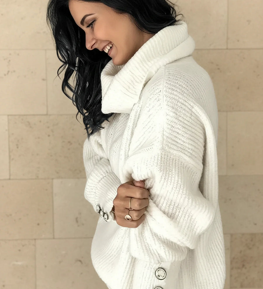 Luvrefashion | Loose Fit Cowl Neck Sweater in White - side view