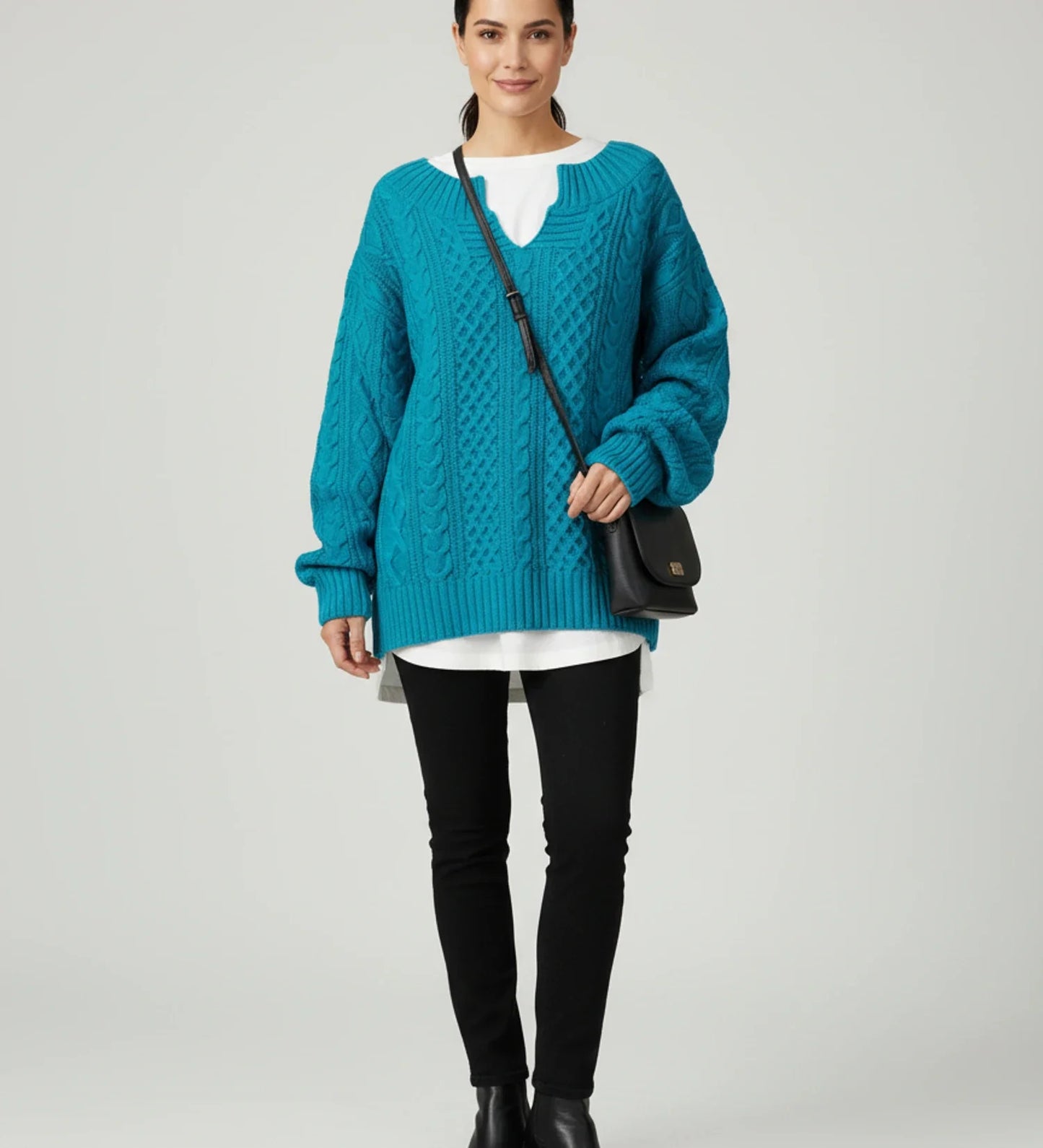 V Neck Cable Knit Sweater for Oversized Fit in White - image 14