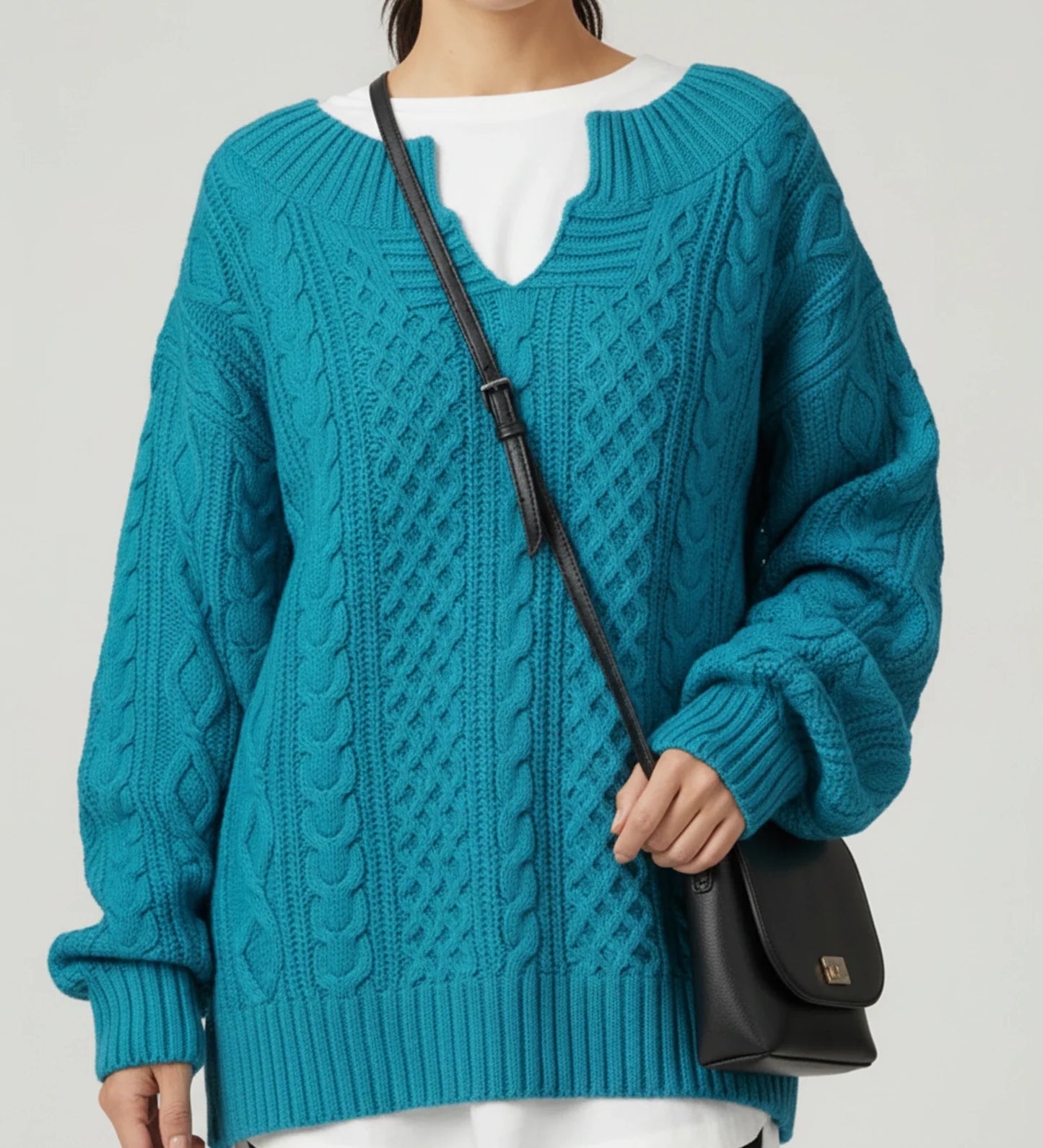V Neck Cable Knit Sweater for Oversized Fit in White - image 13