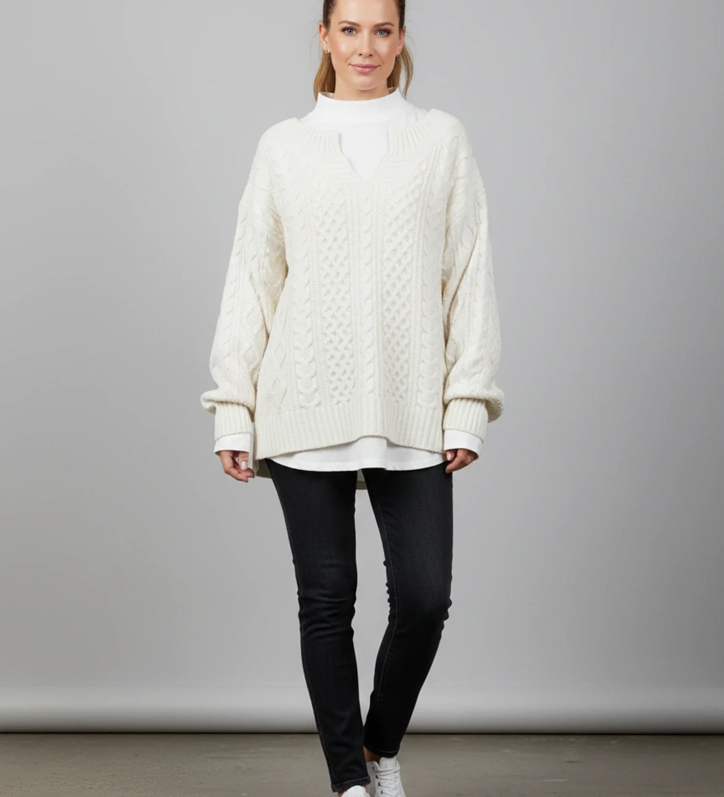 V Neck Cable Knit Sweater for Oversized Fit in White - side view