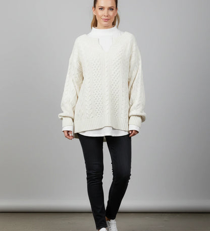 V Neck Cable Knit Sweater for Oversized Fit in White - side view