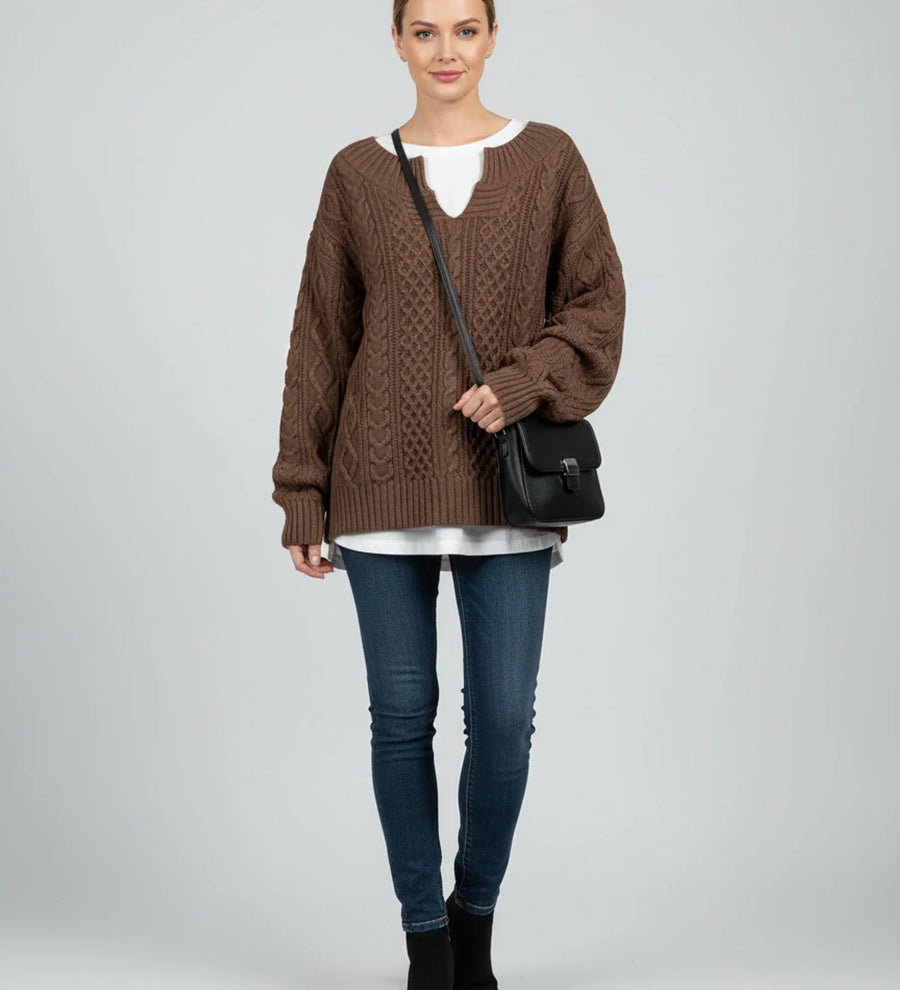 Luvrefashion | V Neck Cable Knit Sweater for Oversized Fit in White - detail view