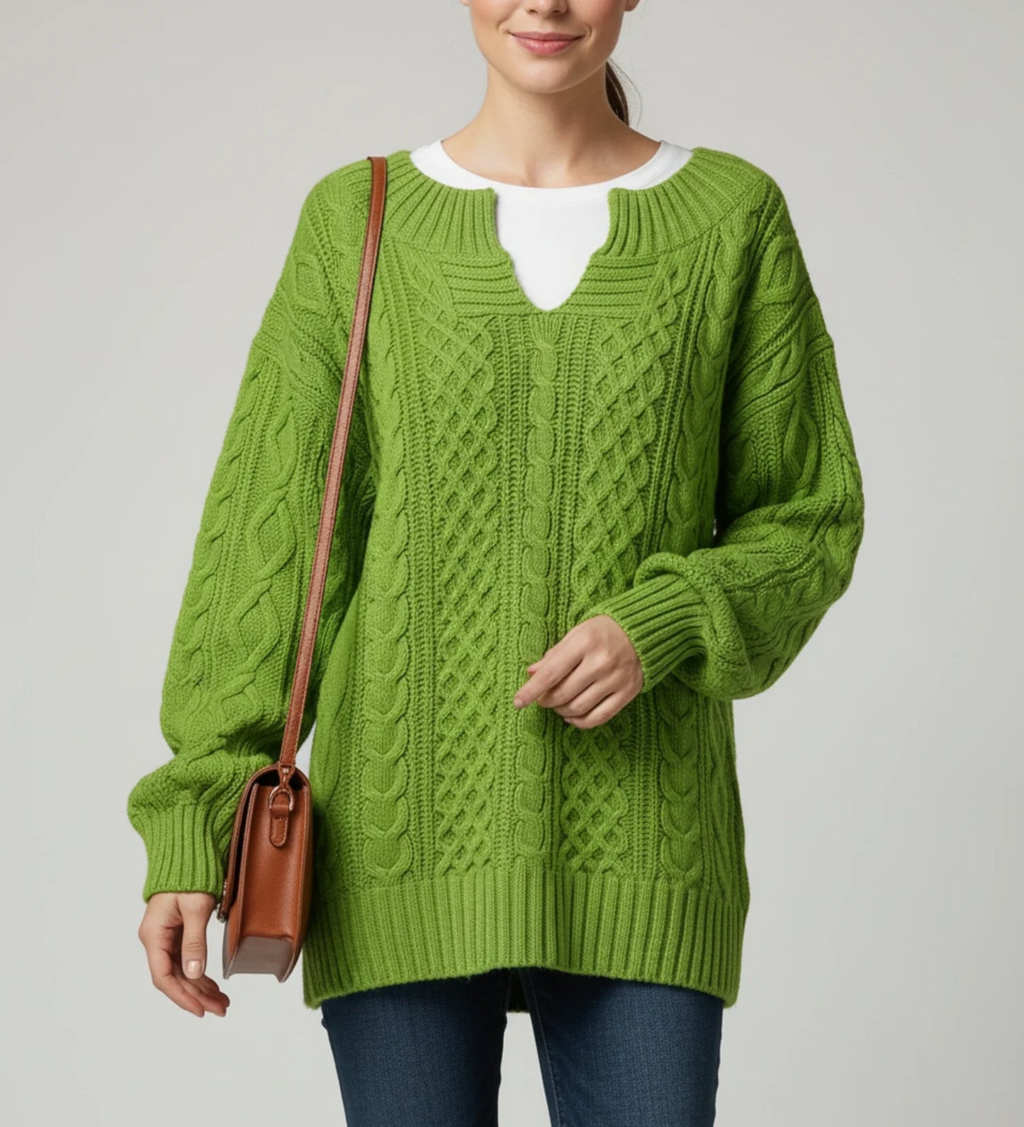 V Neck Cable Knit Sweater for Oversized Fit in White - image 10