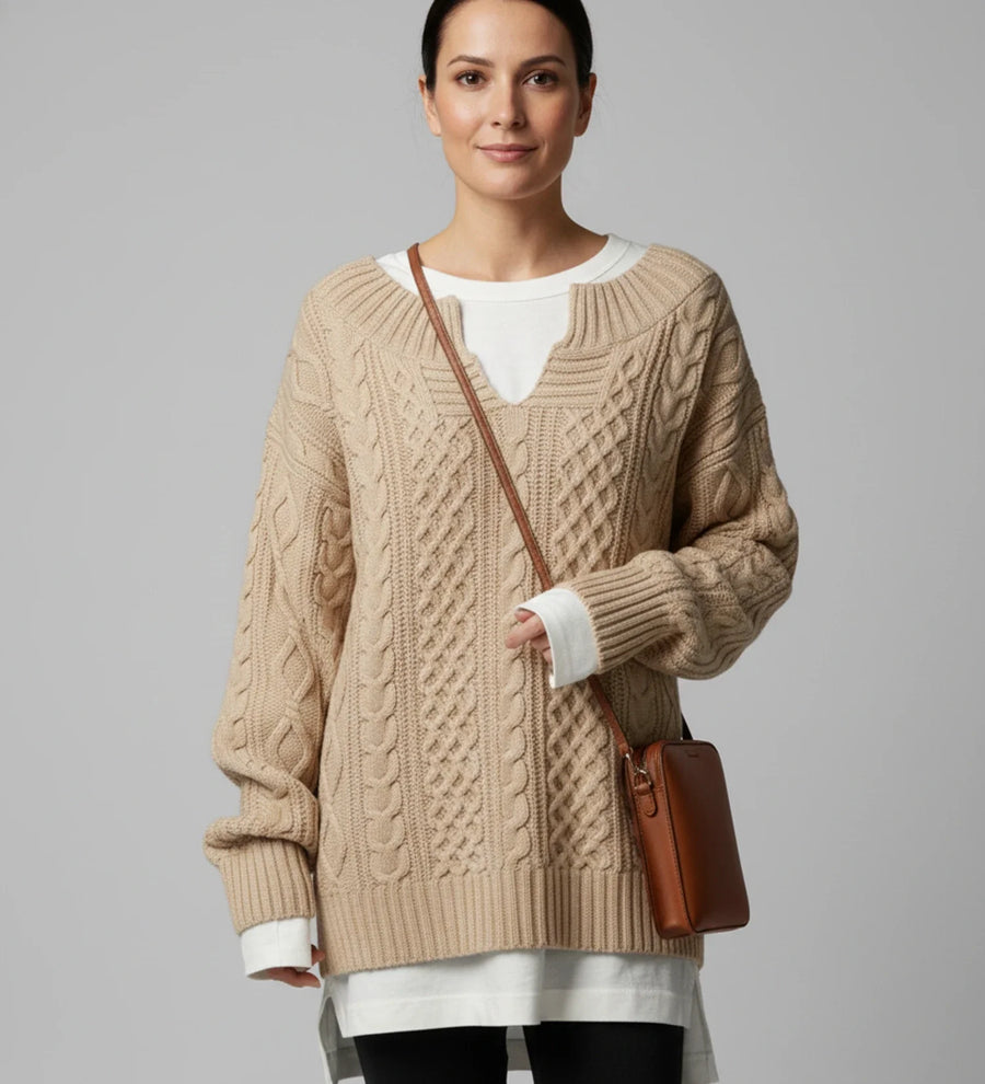 Luvrefashion | V Neck Cable Knit Sweater for Oversized Fit in White - image 15
