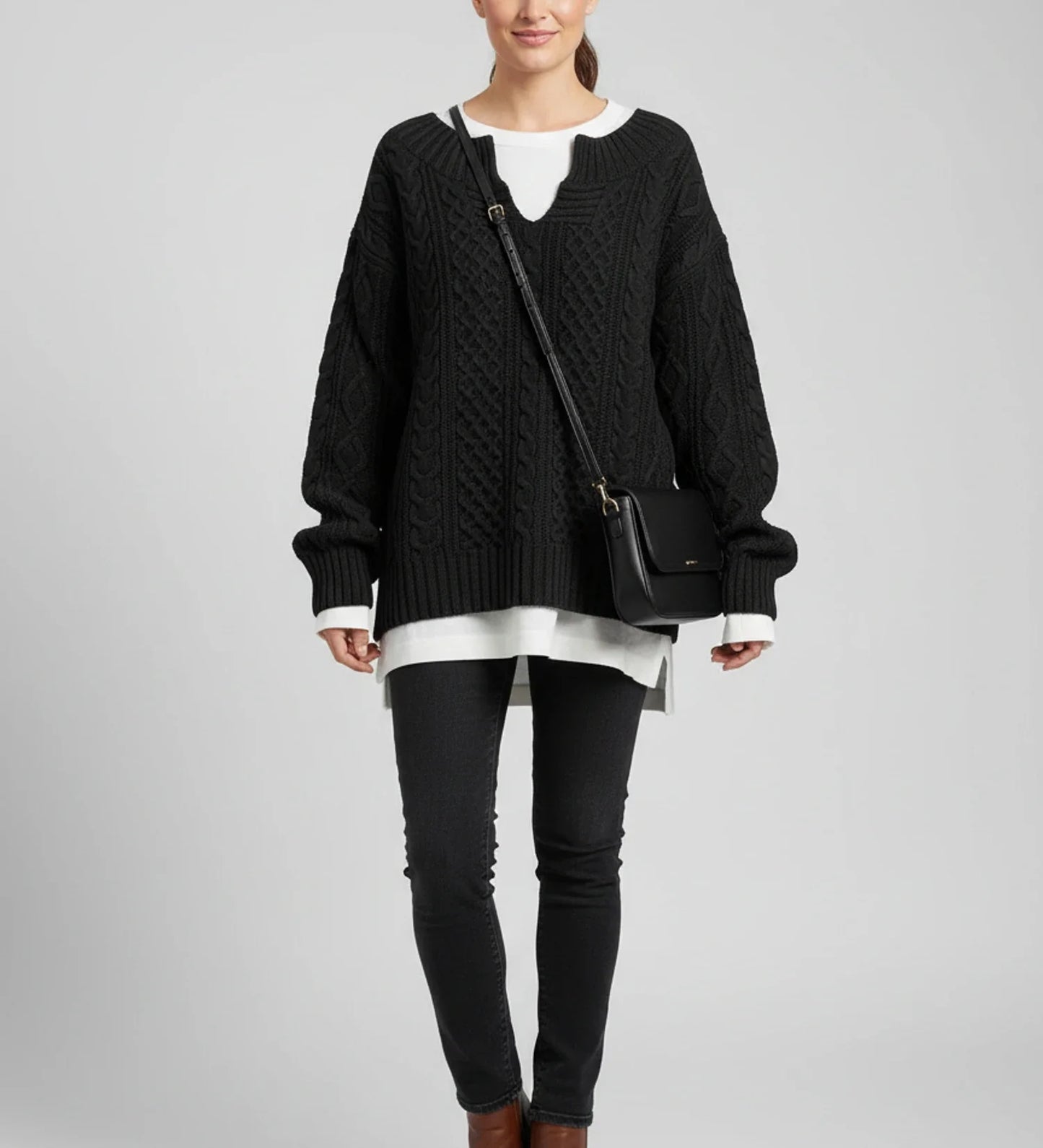 V Neck Cable Knit Sweater for Oversized Fit in White - image 9