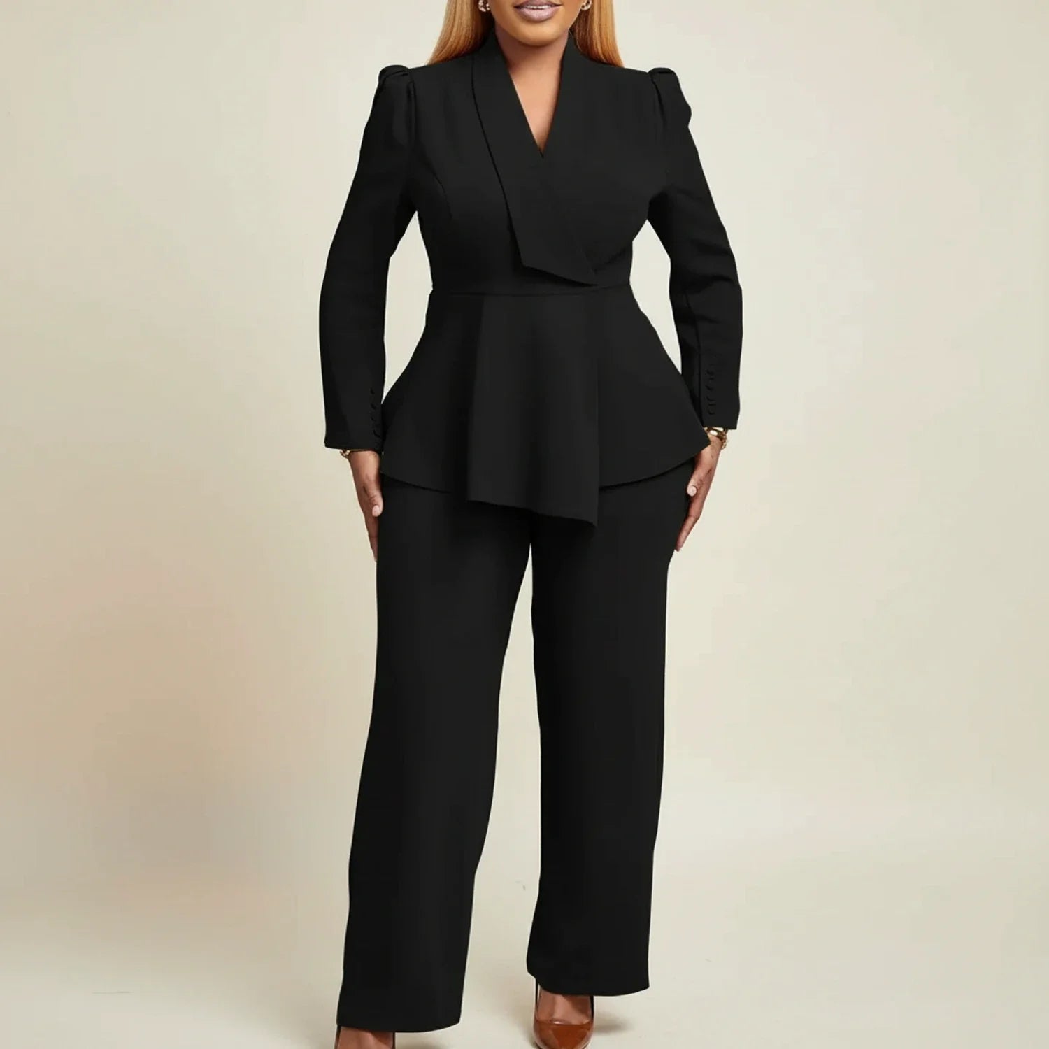 Luvrefashion | Peplum Blazer Suit for in Khaki - detail view