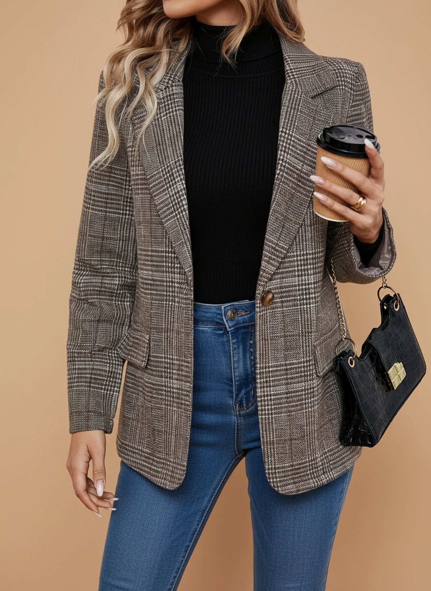 Plaid Blazer for Casual Style in Coffee - side view