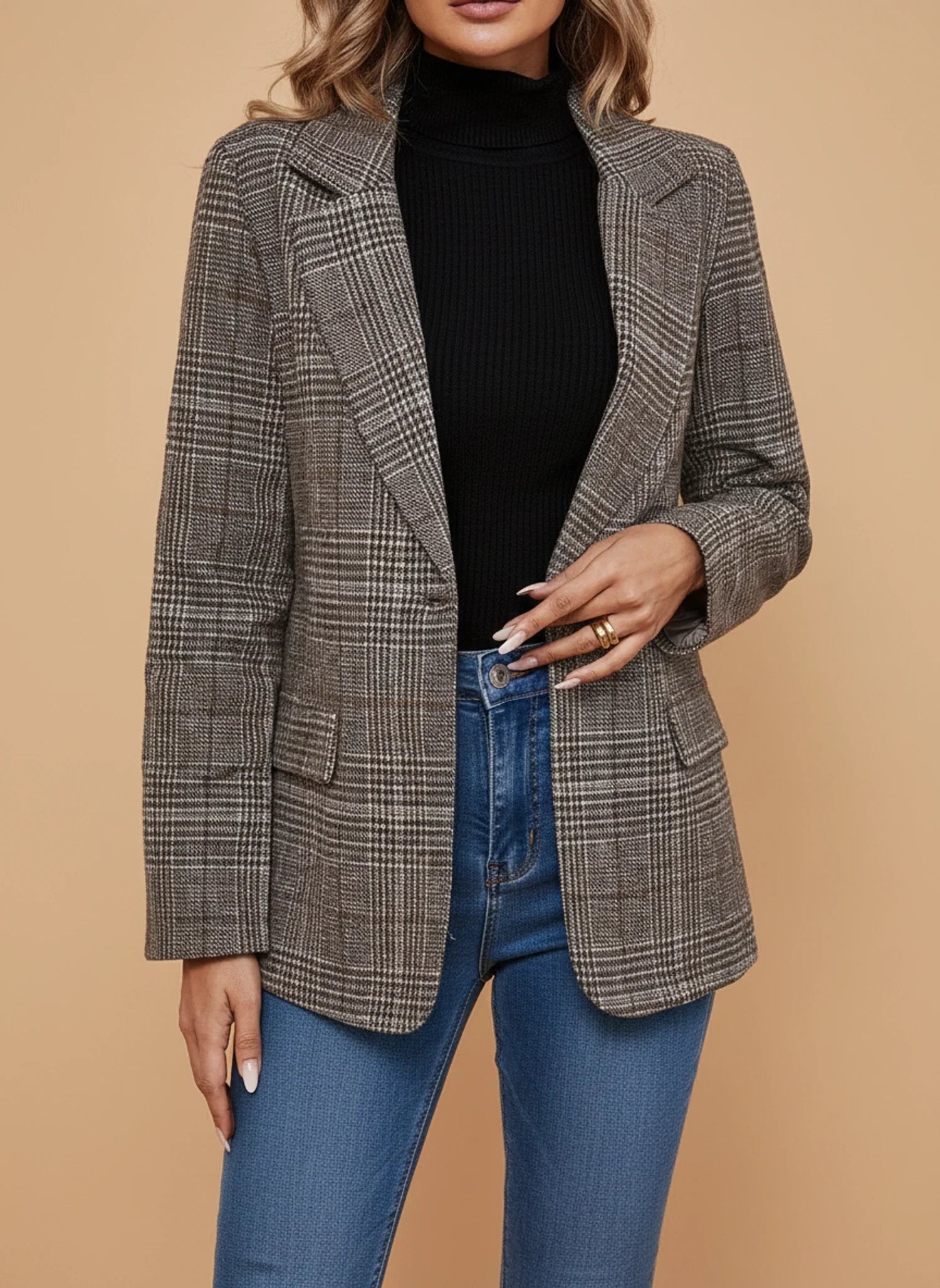 Plaid Blazer for Casual Style in Coffee - front view