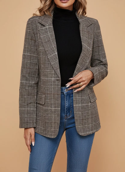 Plaid Blazer for Casual Style in Coffee - front view