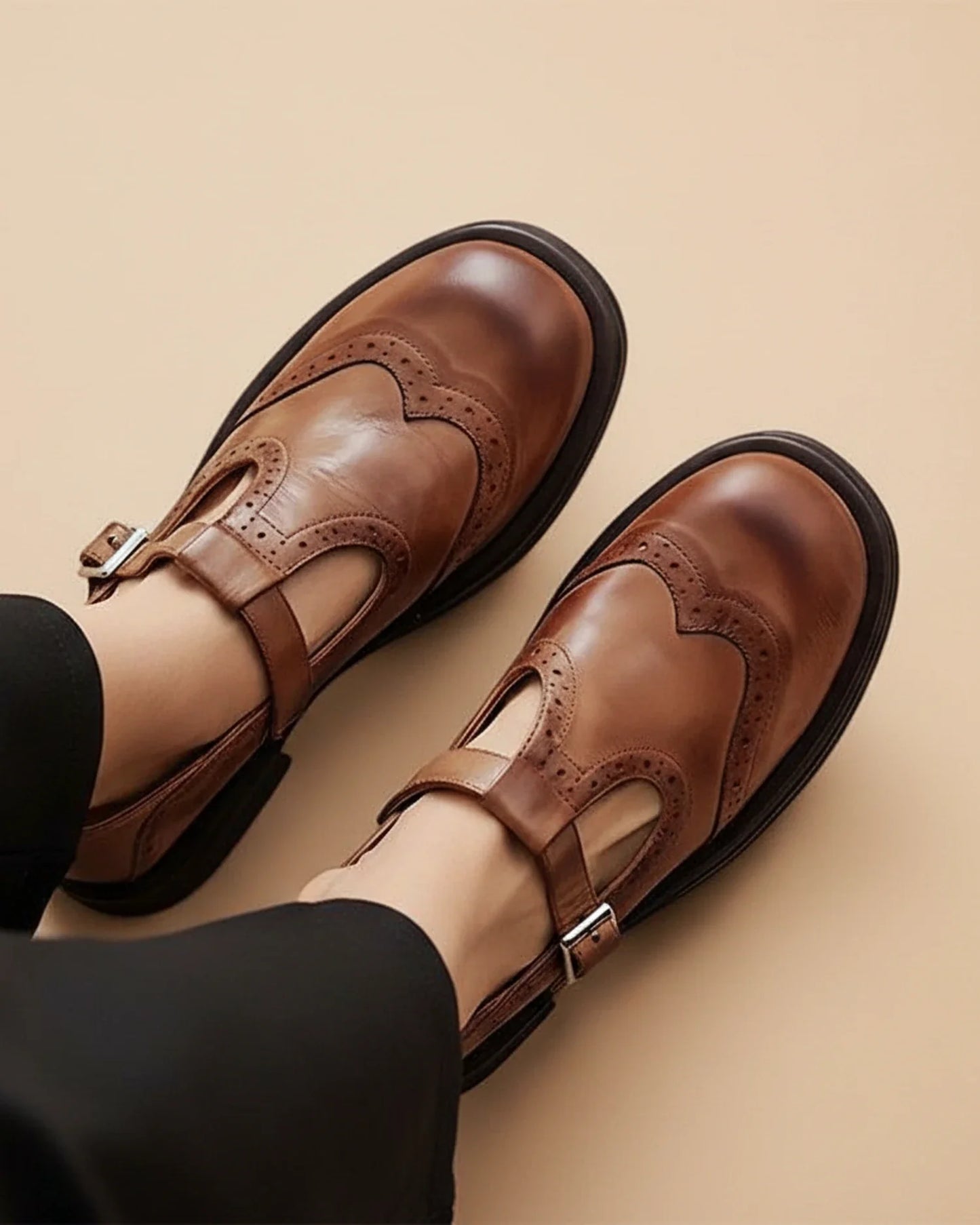 Luvrefashion | Ladies' Leather T Strap Mary Jane Shoes in Brown - front view