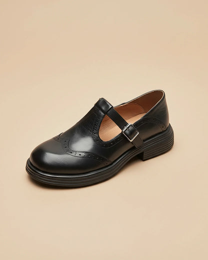 Luvrefashion | Ladies' Leather T Strap Mary Jane Shoes in Brown - detail view