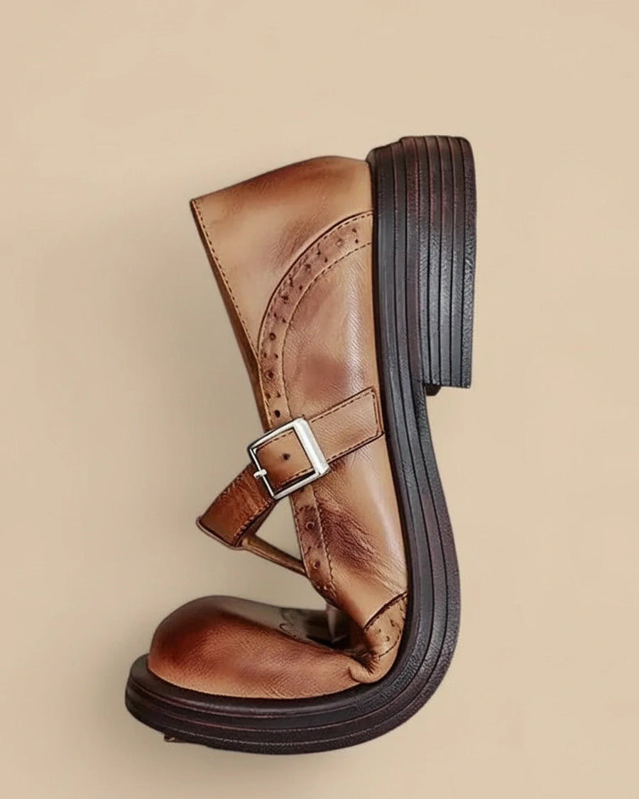 Luvrefashion | Ladies' Leather T Strap Mary Jane Shoes in Brown - side view