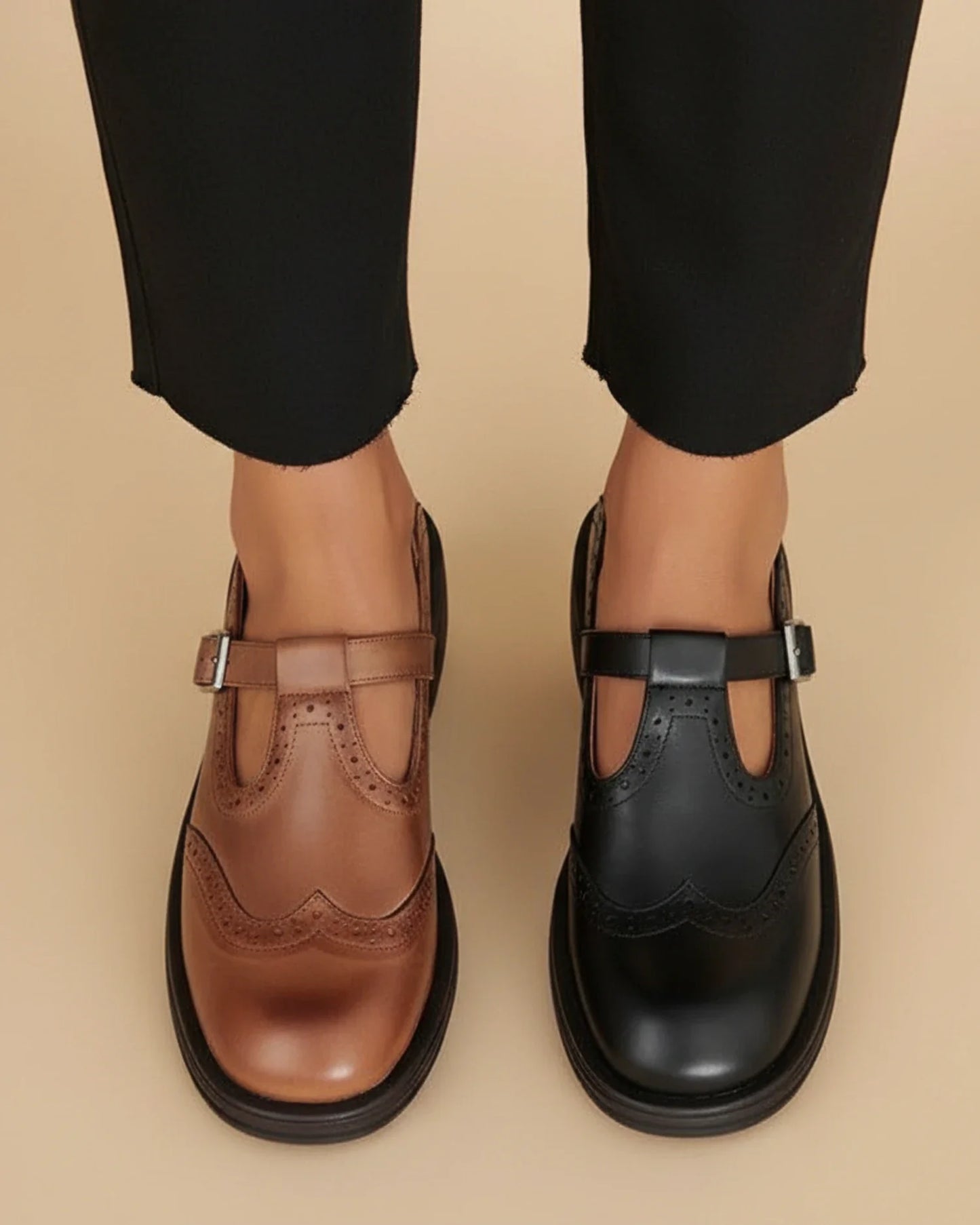 Luvrefashion | Ladies' Leather T Strap Mary Jane Shoes in Brown - styled look