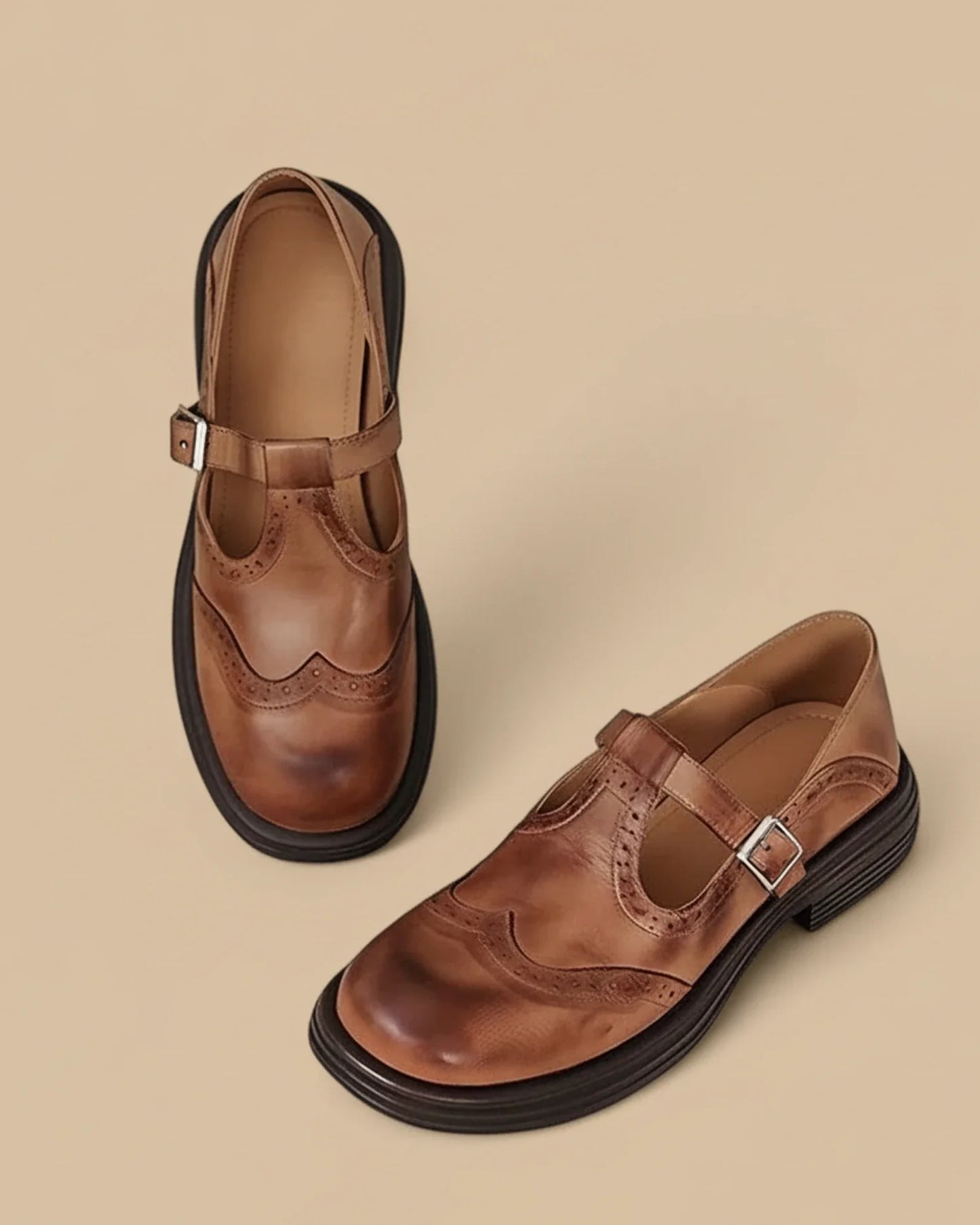 Luvrefashion | Ladies' Leather T Strap Mary Jane Shoes in Brown - back view