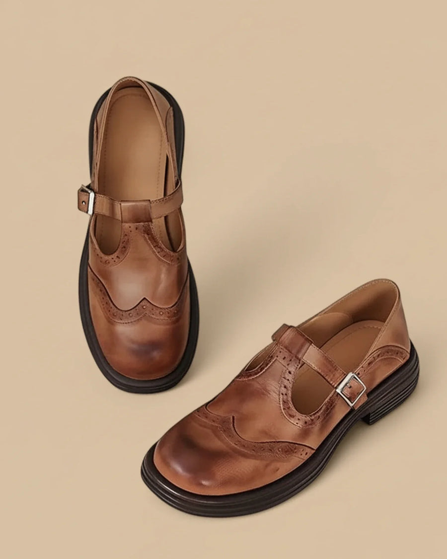 Luvrefashion | Ladies' Leather T Strap Mary Jane Shoes in Brown - back view