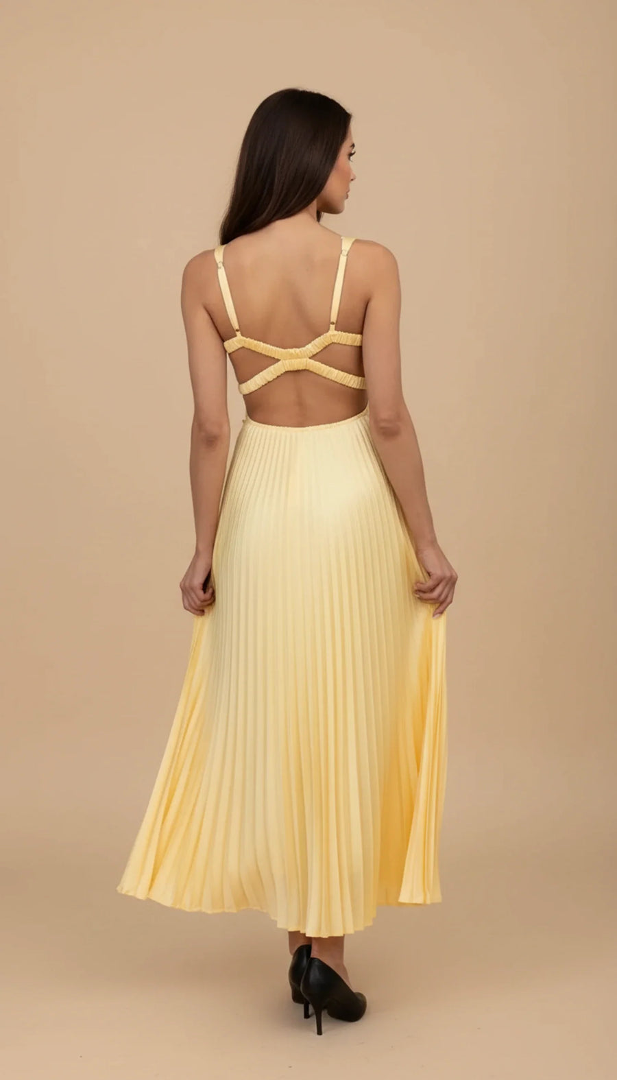 Luvrefashion | Pleated Maxi Dress for Summer Edition in Yellow - back view