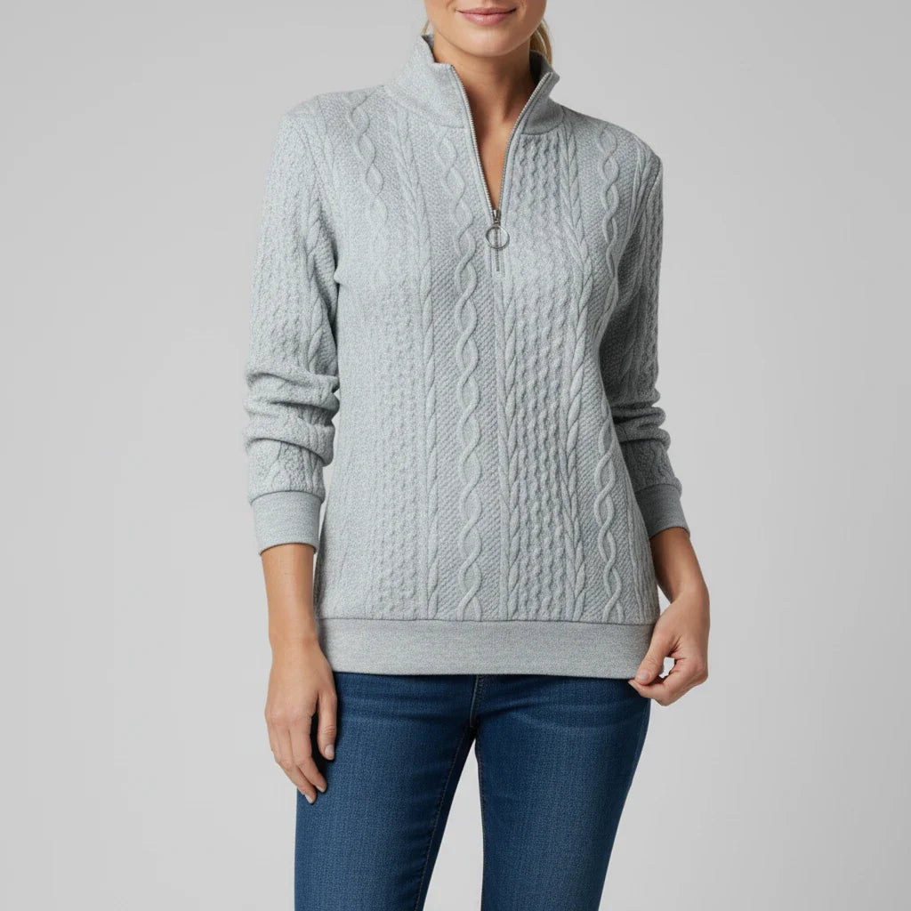 Ladies' Quarter Zip Pullover Sweater in White - styled look