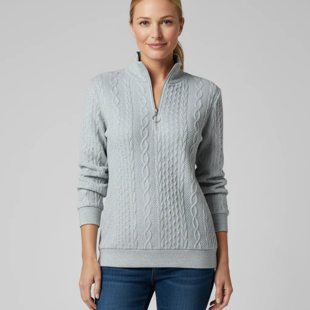 Luvrefashion | Ladies' Quarter Zip Pullover Sweater in White - detail view