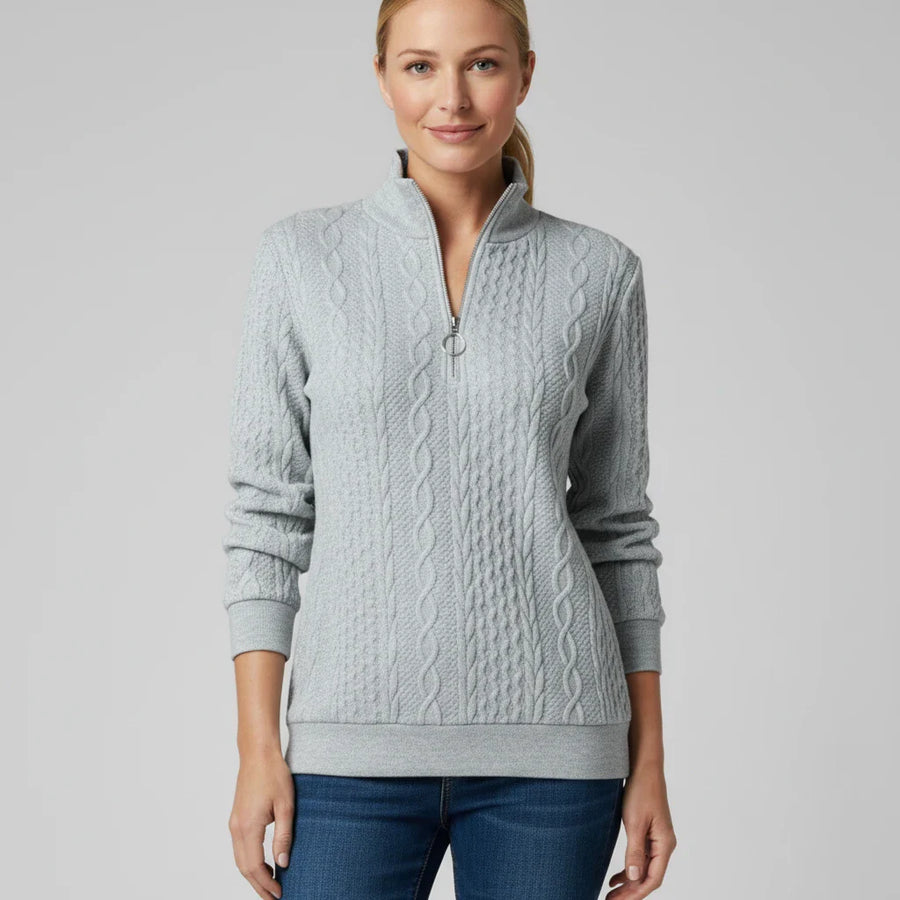 Luvrefashion | Ladies' Quarter Zip Pullover Sweater in White - detail view