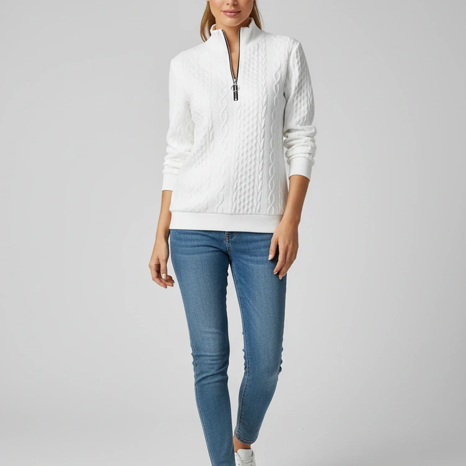 Ladies' Quarter Zip Pullover Sweater in White - back view