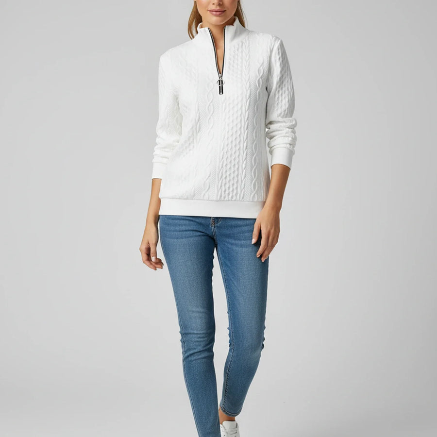 Luvrefashion | Ladies' Quarter Zip Pullover Sweater in White - back view