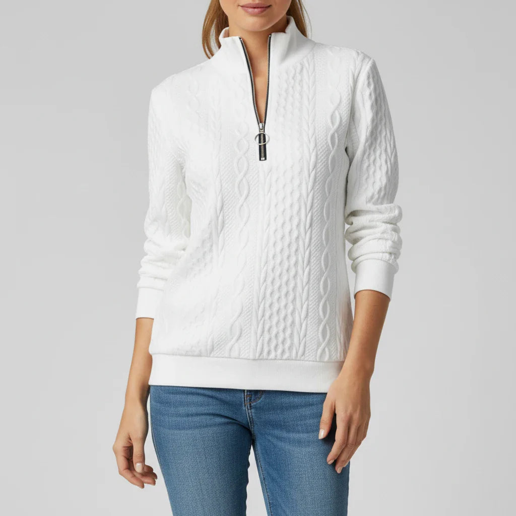 Ladies' Quarter Zip Pullover Sweater in White - side view