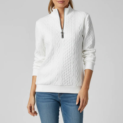 Ladies' Quarter Zip Pullover Sweater in White - side view