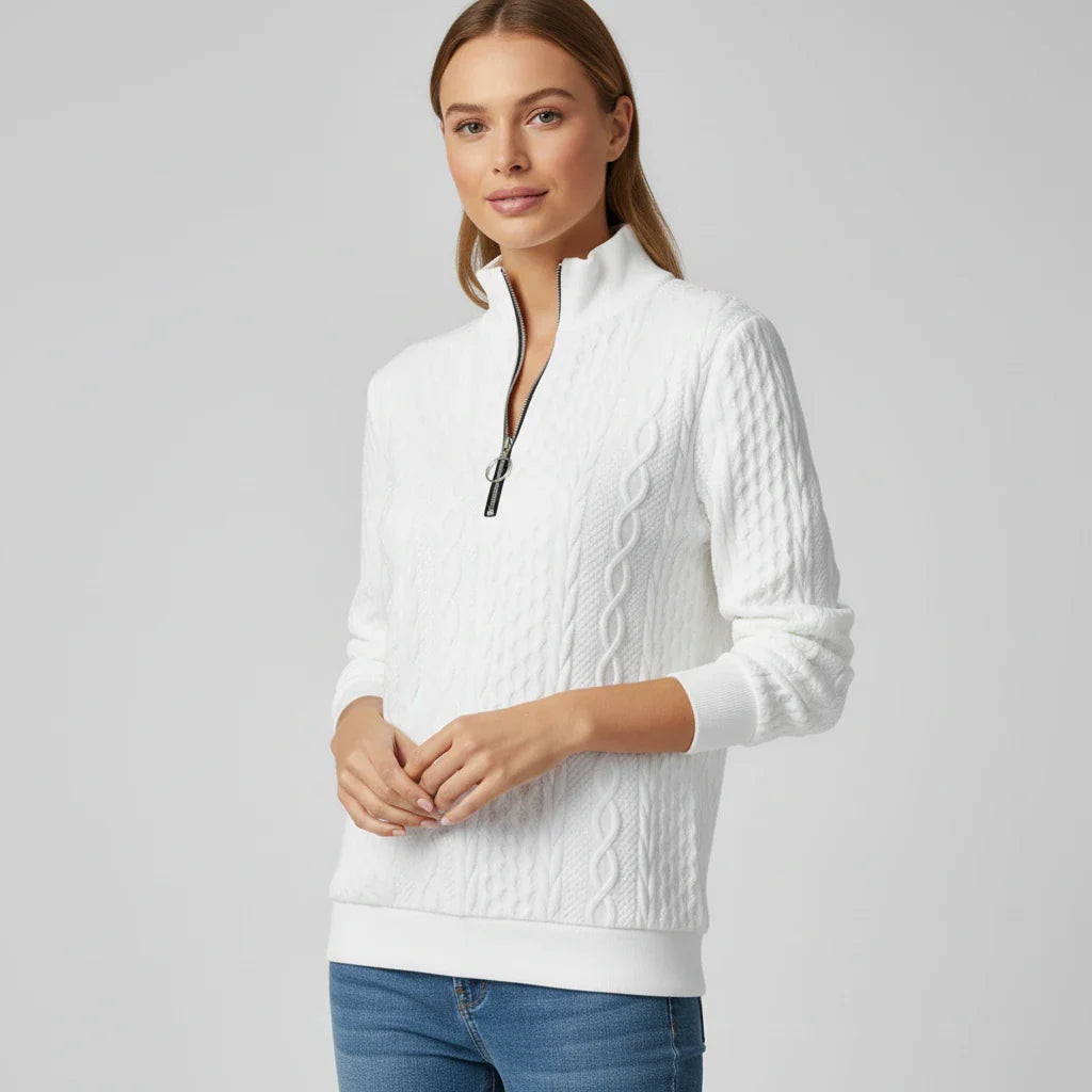 Ladies' Quarter Zip Pullover Sweater in White - front view