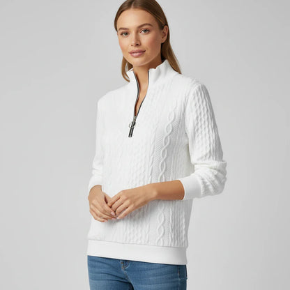 Ladies' Quarter Zip Pullover Sweater in White - front view