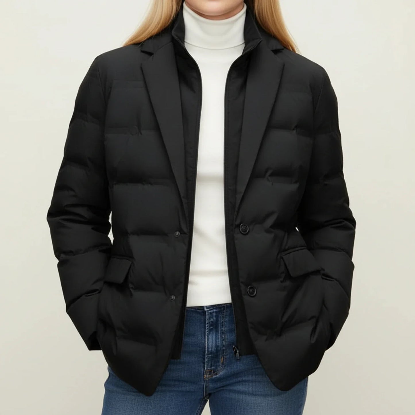 Quilted Winter Blazer Jacket in Black - side view