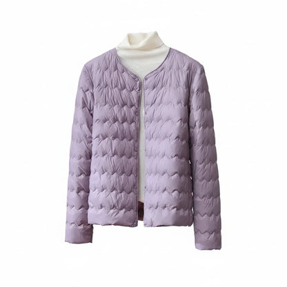 Collarless Quilted Puffer Jacket for in Beige - styled look