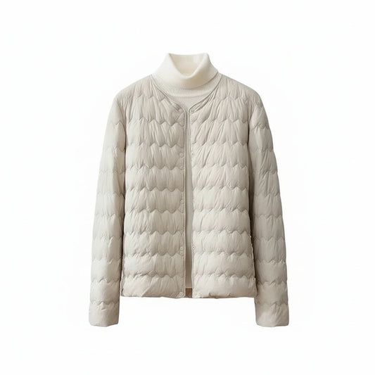 Collarless Quilted Puffer Jacket for in Beige - front view