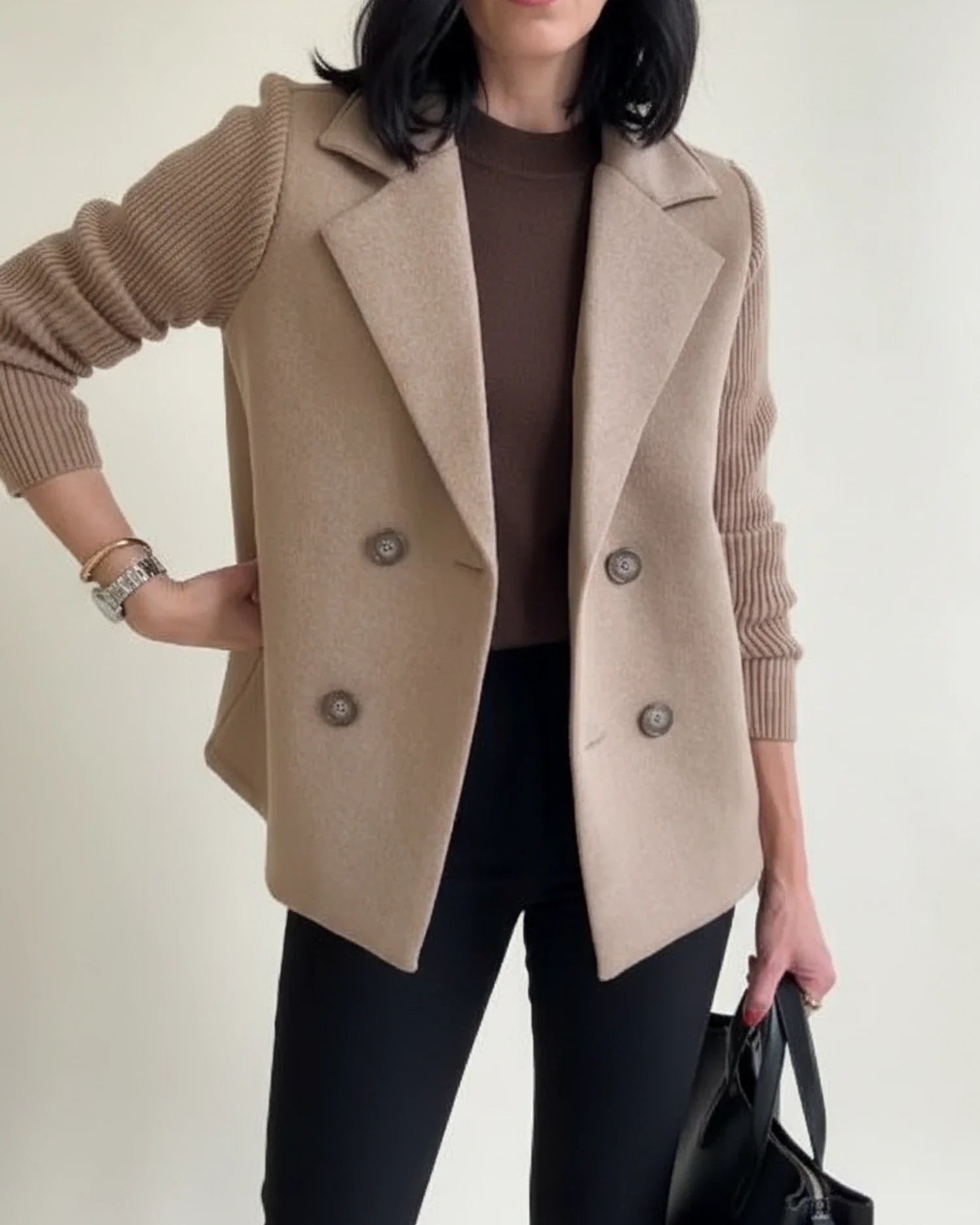 Knit Sleeve Double Breasted Blazer Jacket in Khaki - front view