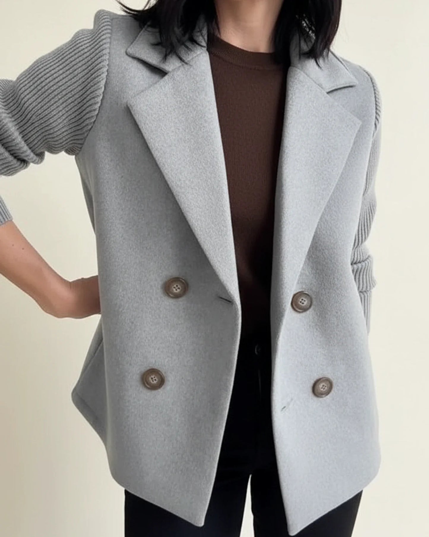 Knit Sleeve Double Breasted Blazer Jacket in Khaki - back view