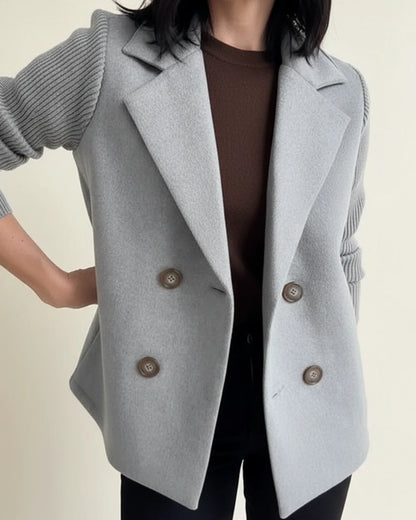Knit Sleeve Double Breasted Blazer Jacket in Khaki - back view