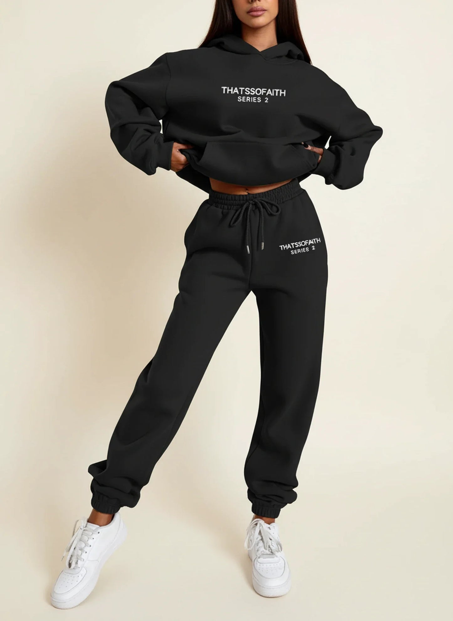 Ladies' Hoodie and Jogger Ensemble in Black - front view