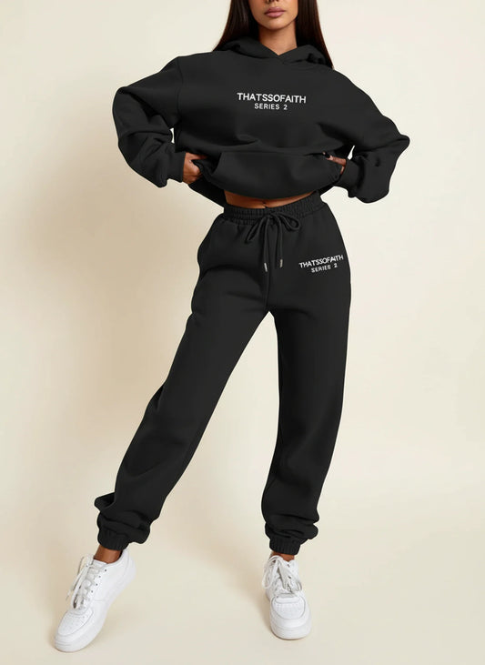 Ladies' Hoodie and Jogger Ensemble in Black - front view