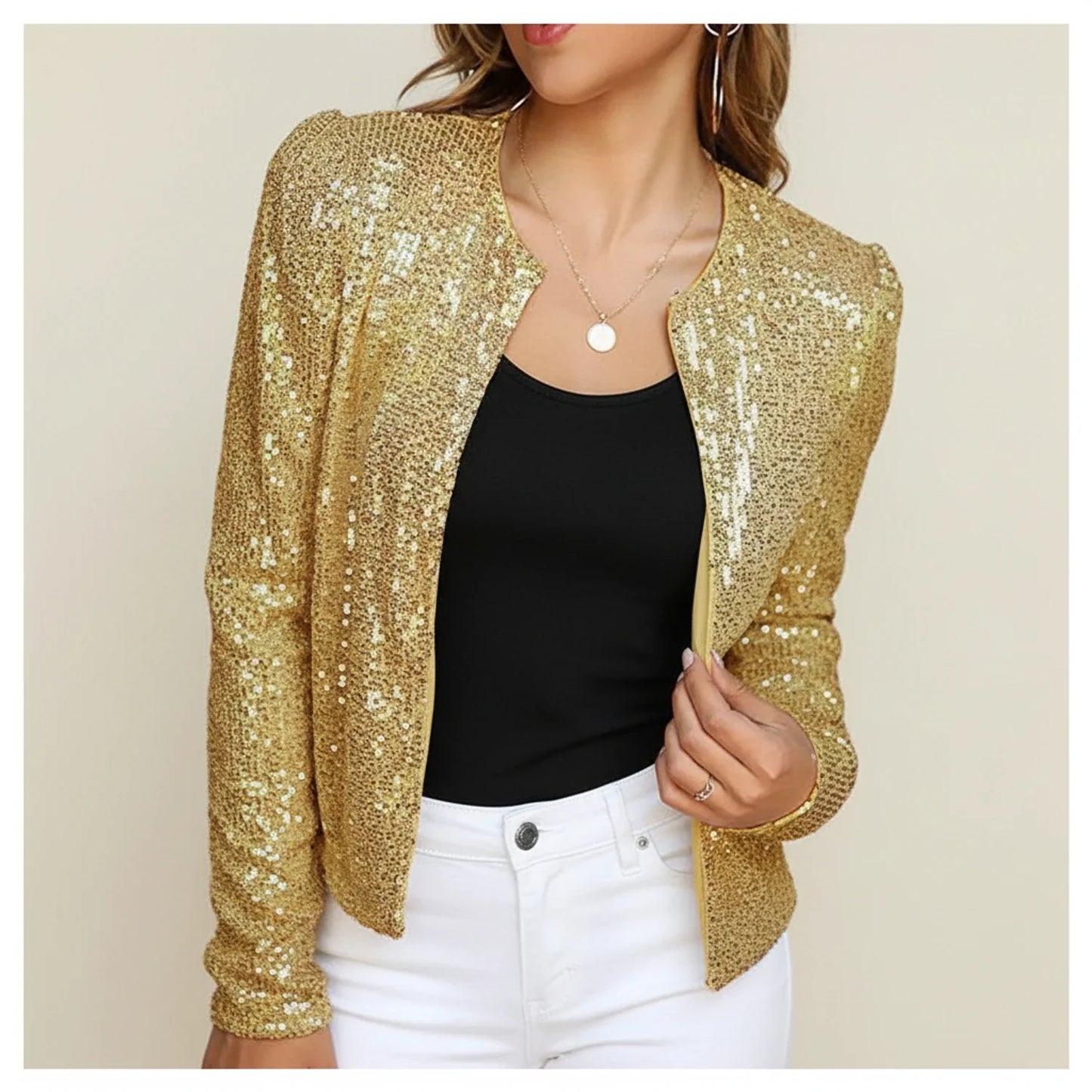 Sequin Embellished Evening Jacket for in Gold - front view