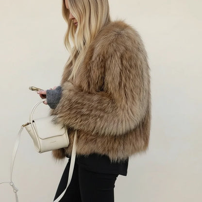 Cropped Shaggy Faux Fur Jacket in Brown - side view